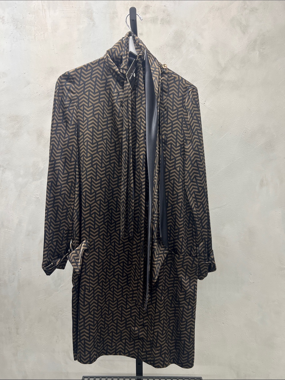 Tie-Neck Printed Trench Coat in Brown and Black